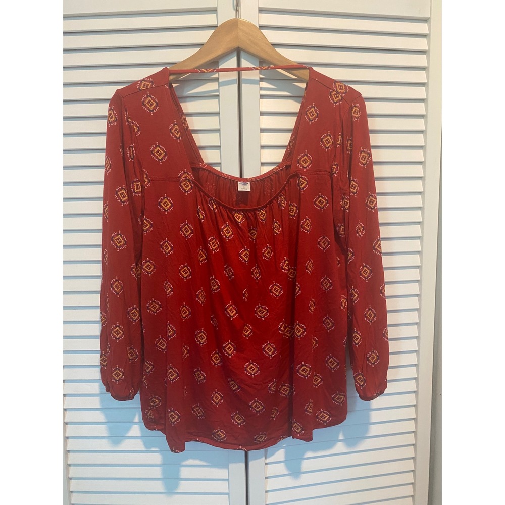Old Navy Red Geometric Diamond Print Long Sleeve Square Neck Blouse Large